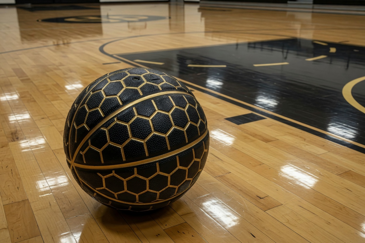 Black and gold honeycomb basketball on indoor hardwood