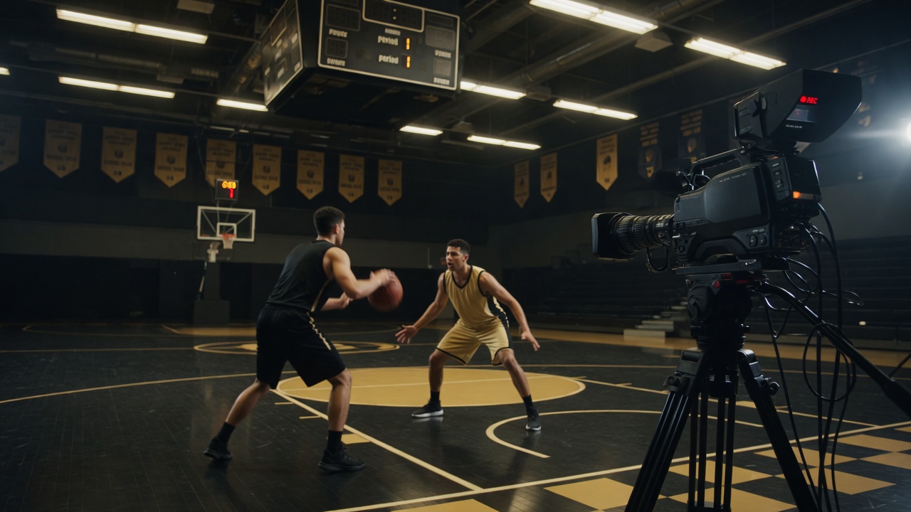 Broadcast camera filming an indoor gym 1v1